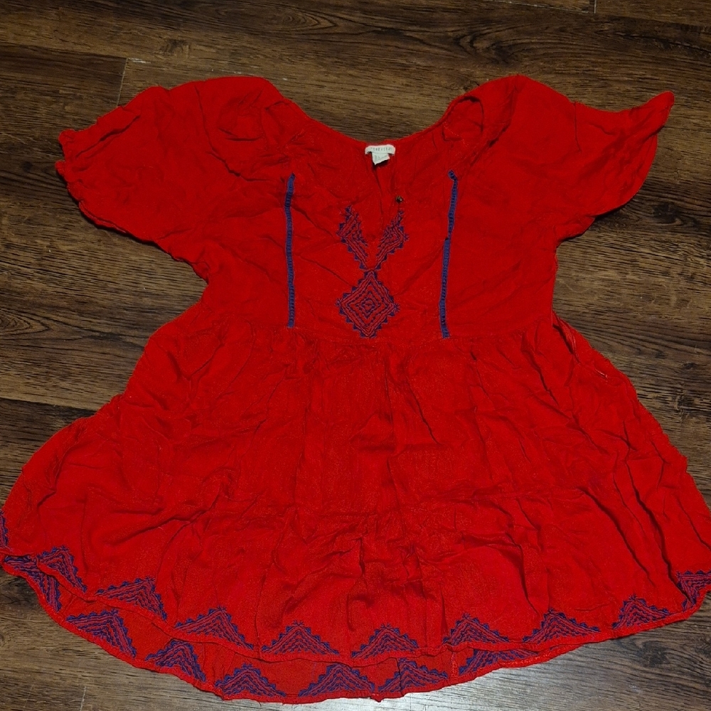 Forever 21 Red Blouse with Blue Embroidery